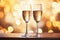 Ai generative. Two champagne glasses on the table on a defocused golden bokeh background