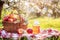 Ai generative. Wicker picnic basket with apples, jar with juice on red checkered table cloth