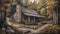 Ai Generative Wooden house in the forest. Digital painting of a log cabin