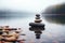 Ai generative. Zen balancing pebbles on wooden plank next to a lake