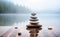 Ai generative. Zen balancing pebbles on wooden plank next to a lake
