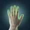 AI hand reaches towards a human hand, Virtual reality projection, Artificial intelligence AI and High Tech Concept. Human and co