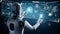 AI hominoid robot touching virtual hologram screen showing concept of AI brain