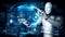 AI hominoid robot touching virtual hologram screen showing concept of big data