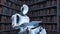 AI humannoid robot reading book in library. Artificial intelligence, Machine learning, Innovation, futuristic technology concept.