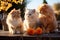 AI illustration of adorable kittens with soft fur sitting on a wooden table surrounded by flowers