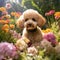 AI illustration of An adorable poodle sits among colorful flowers in a peaceful outdoor setting