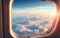 AI illustration of an airplane window with a beautiful sunrise peeking through the clouds.