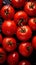 AI illustration of an array of juicy tomatoes glistening with water droplets.