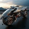 An AI illustration of an artistic shot of a futuristic motorcycle on the beach with mountains in the