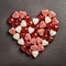 AI illustration of assorted heart-shaped candies on a rough stone table surface.