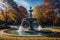AI illustration of an autumn park with a big fountain at the center