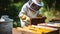 AI illustration of a beekeeper in protective white attire is tending to a bee colony.