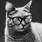 AI illustration of a black and white portrait of a domestic cat wearing glasses