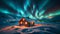 AI illustration of A cabin with illuminated windows stands amidst a pristine snow-covered field