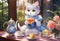 An AI illustration of a cat holding a cup and tea near a table with two tea cups