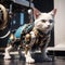 An AI illustration of a cat is standing on the floor with the arm parts attached to its back