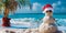 AI illustration of a cheerful sand snowman in a Santa hat and sunglasses basks on a sunny beach.