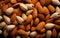 AI illustration of a closeup of various nuts spread out and scattered on a solid surface.