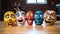 AI illustration of colorful, humorous masks arranged on a wooden table.