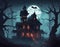 An AI illustration of a creepy house with a full moon in the background and two bats flying around