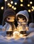 An AI illustration of crocheted dolls in winter outfits, wearing warm weather clothes