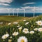 An AI illustration of daisy field with windmills in the distance and blue sky