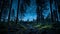 AI illustration of a dense forest under a clear starry sky.