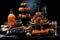 An AI illustration of a display of halloween spooky treats and drink in glass jars on a table