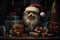 AI illustration of a dog in a festive Santa hat perched on a shelf lined with holiday presents.