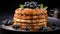 AI illustration of a drizzle of maple syrup on a stack of fluffy pancakes with blueberries.