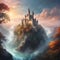 An AI illustration of the fantasy castle is located on top of the mountain overlooking the water