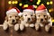 An AI illustration of four puppies wearing hats on top of a table in front of a christmas tree