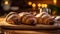 AI illustration of freshly-baked croissants on a wooden cutting board on top of a wooden table