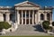 An AI illustration of front view of an ornate building with columns and steps leading up to it