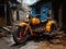 AI illustration generated of a vintage motorcycle between the semi-demolish abandoned buildings