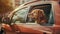 AI illustration of a golden retriever dog in the passenger seat of a red car.