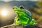 An AI illustration of the green frog is sitting on top of a rock, looking up