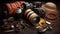 An AI illustration of a group of camera equipment sits on a table with hat