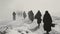 AI illustration of A group of people stand on a snowy mountaintop.