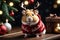 An AI illustration of a hamster dressed as deer with christmas decorations on the side