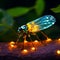 An AI illustration of an insect with glowing spots is on the ground and on top of a branch