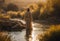 An AI illustration of jesus walking through the river at sunrise in a large robe