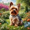 An AI illustration of the little dog is sitting on a field with flowers in it
