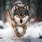 AI illustration of A majestic gray wolf moving quickly through a picturesque snow-covered forest,.