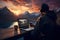 AI illustration of a man sitting in front of a laptop with a scenic view of lush mountains.