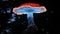 An AI illustration of a mushroom lit up with red and blue lighting in the dark