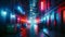 AI illustration of a narrow urban street illuminated by bright neon signs.