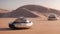 AI illustration of A pair of sleek futuristic vehicles parked in a sandy environment