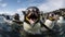 An AI illustration of penguins are playing in the water and one is jumping in front